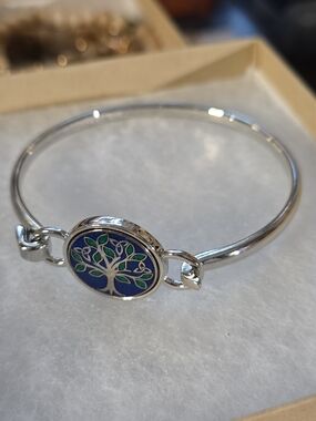 Silver Tree of Life Bangle Bracelet with Blue and Green Enamel